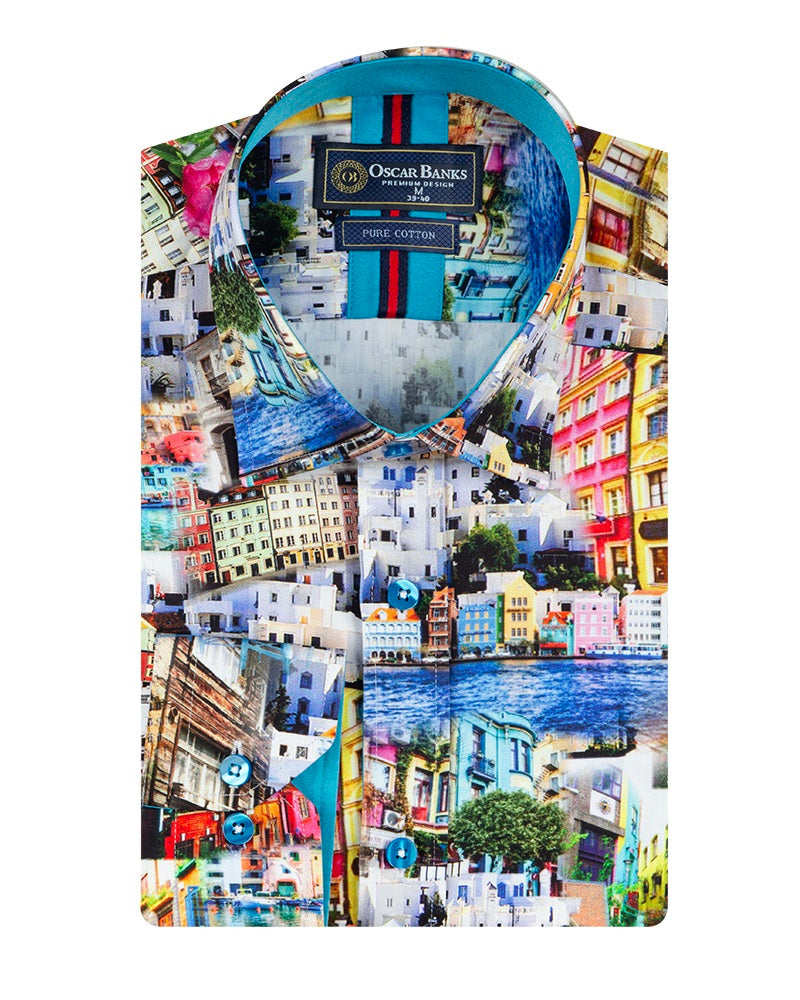 Colourful Coastal Print Men's Shirt with Matching Handkerchief-Makrom