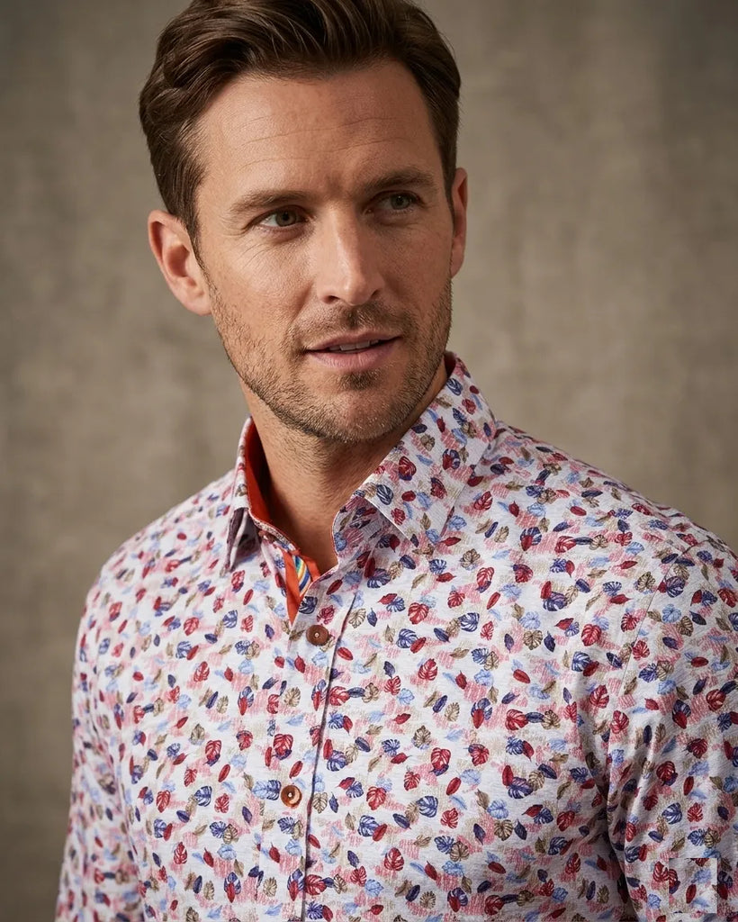 Colourful Leaf Print Shirt with Matching Handkerchief