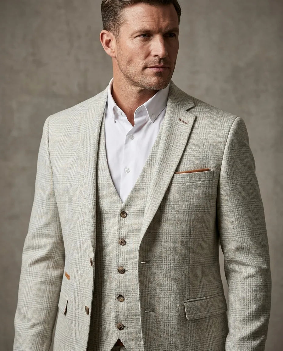 Man wearing a light gray checkered suit with a white shirt against a neutral background