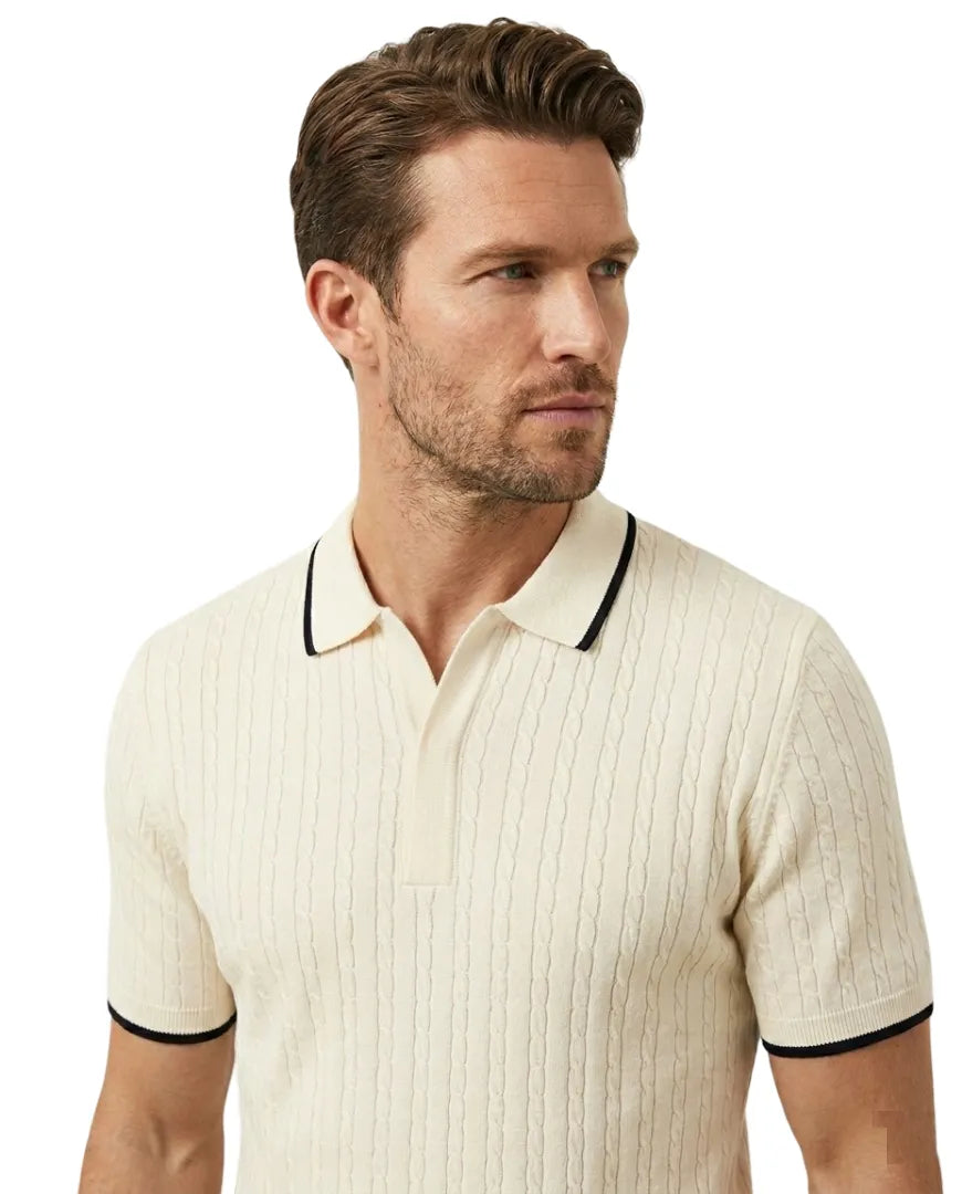 Cream Cable-Knit Polo with Navy Contrast Detailing-Makrom