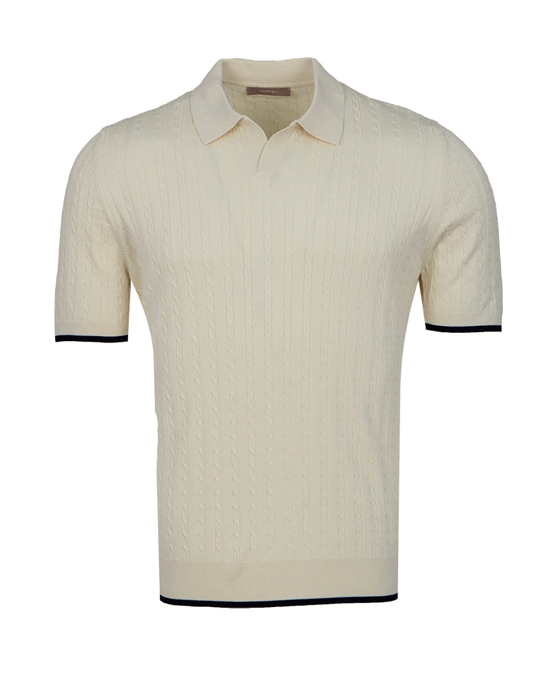 Cream Cable-Knit Polo with Navy Contrast Detailing-Makrom