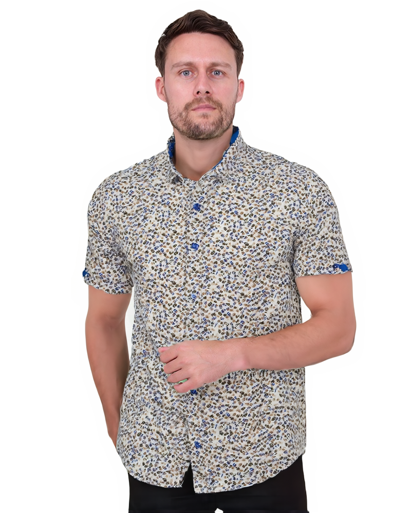 Cream Floral Print Short Sleeve Shirt-Makrom