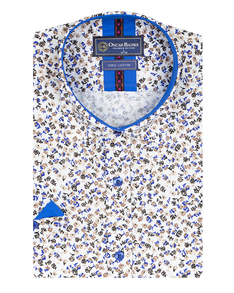 Cream Floral Print Short Sleeve Shirt-Makrom