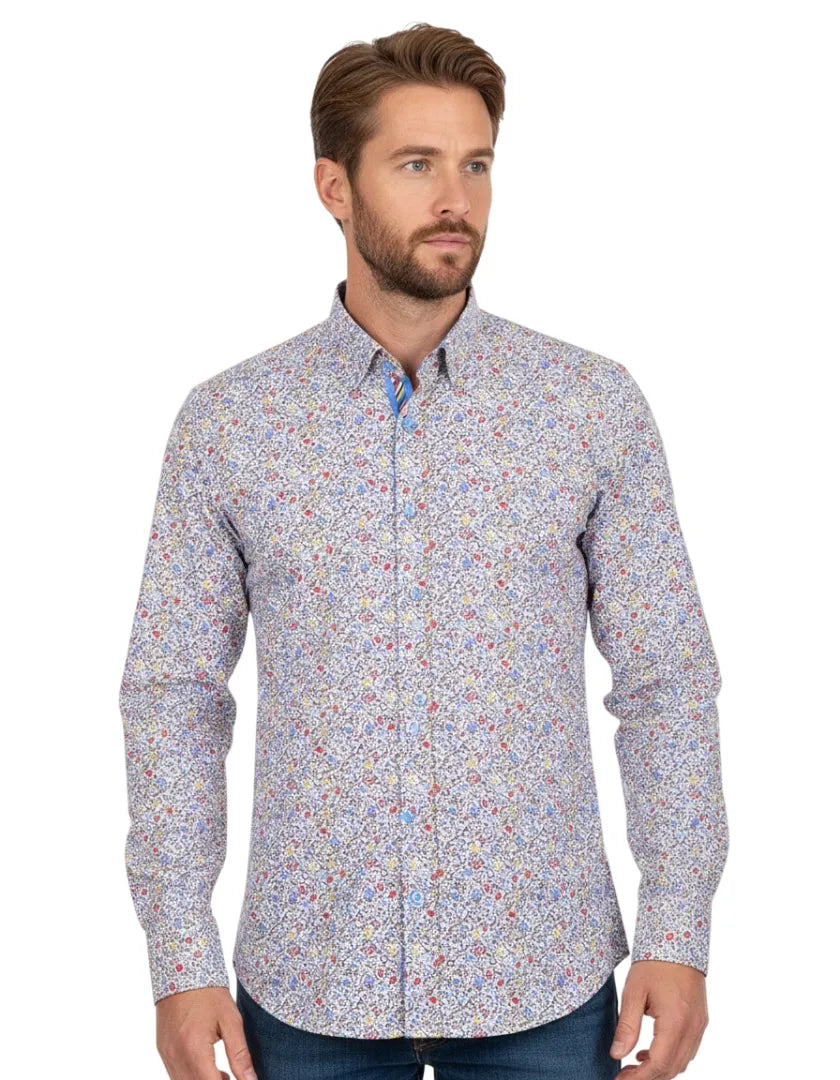 Cream Micro Flower Print Men's Shirt-Makrom