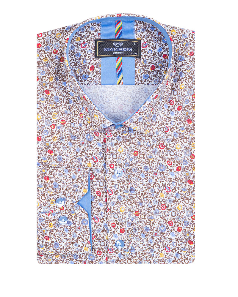 Cream Micro Flower Print Men's Shirt-Makrom