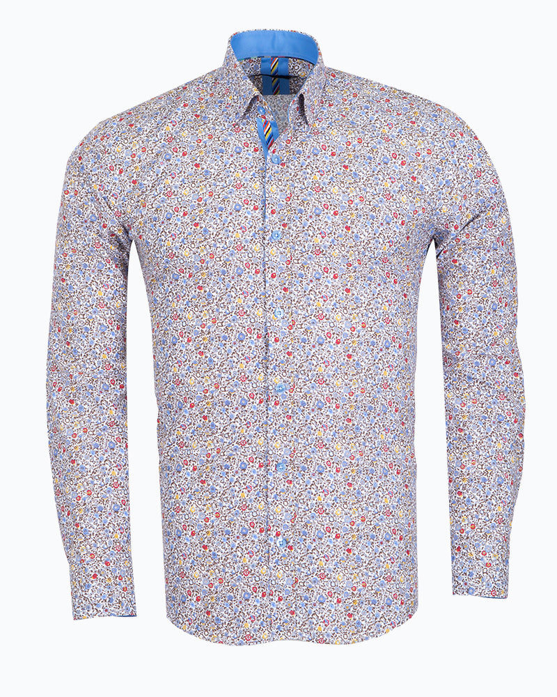 Cream Micro Flower Print Men's Shirt-Makrom