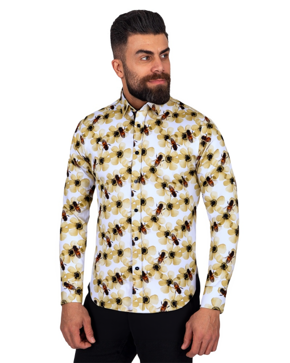 Cream Pure Cotton Honey Bee Print Men's Shirt-Makrom