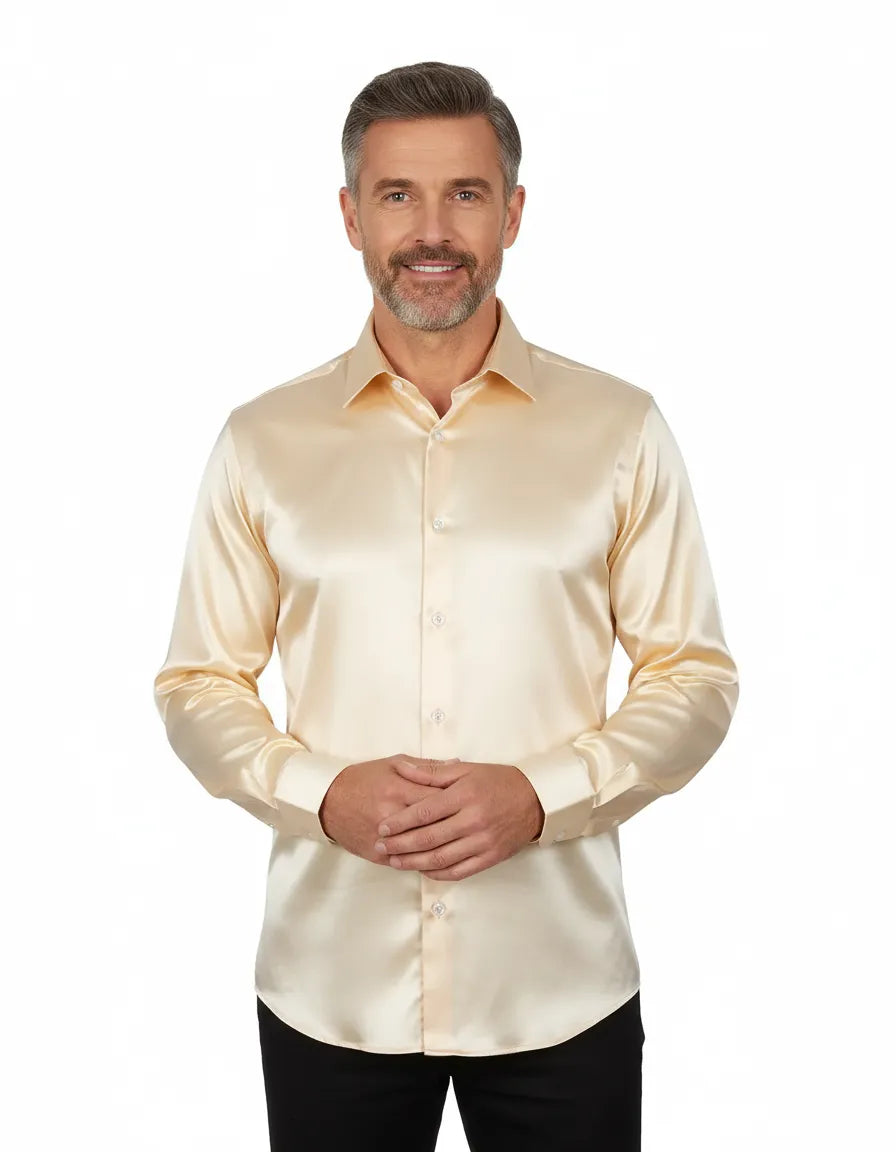 Cream Shiny Plain Satin Classic Men’s Shirt-Makrom