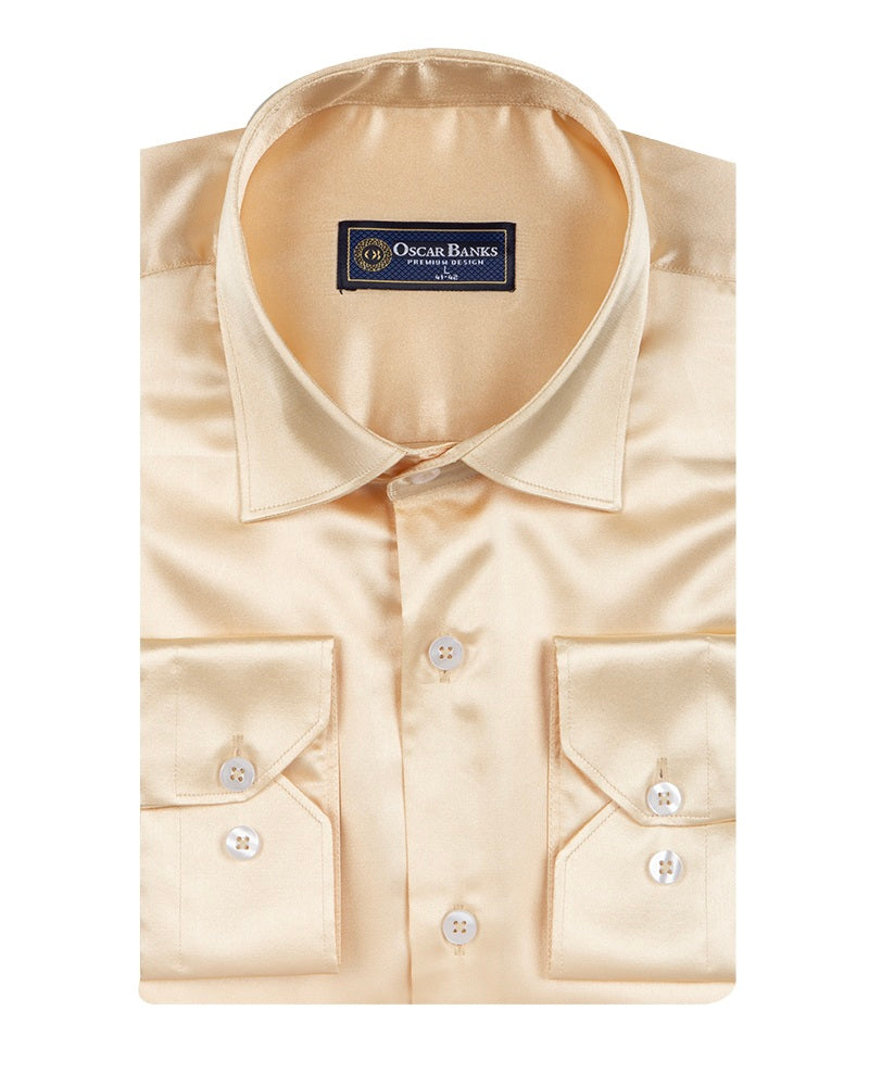 Cream Shiny Plain Satin Classic Men’s Shirt-Makrom