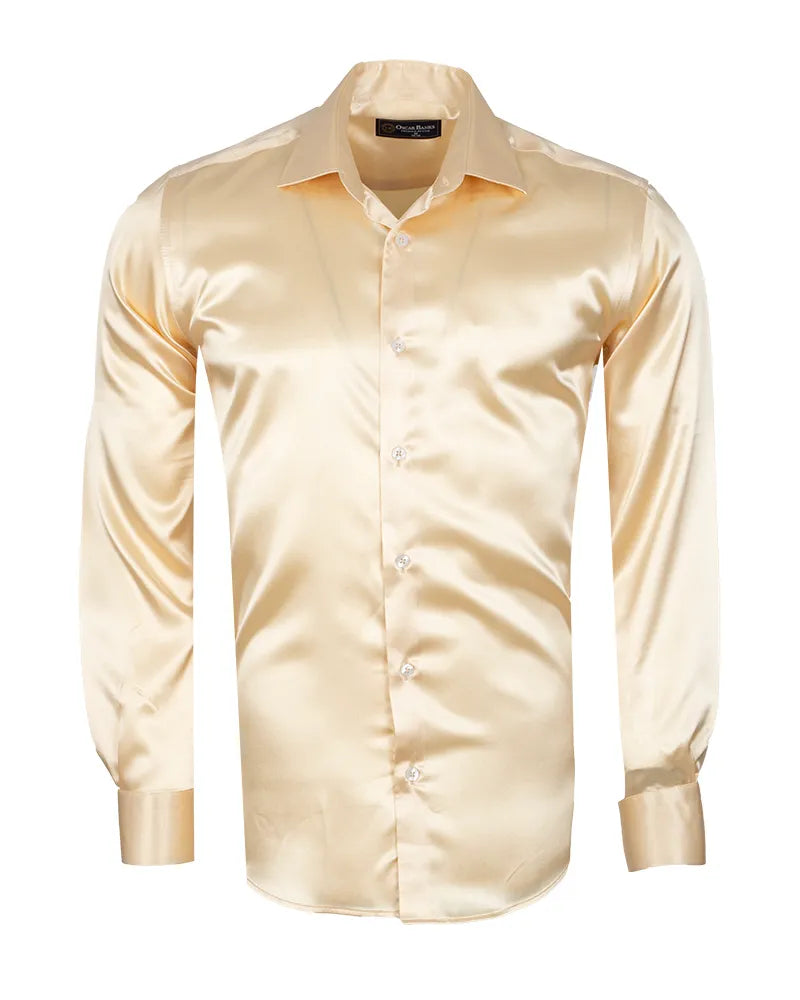 Cream Shiny Plain Satin Classic Men’s Shirt-Makrom