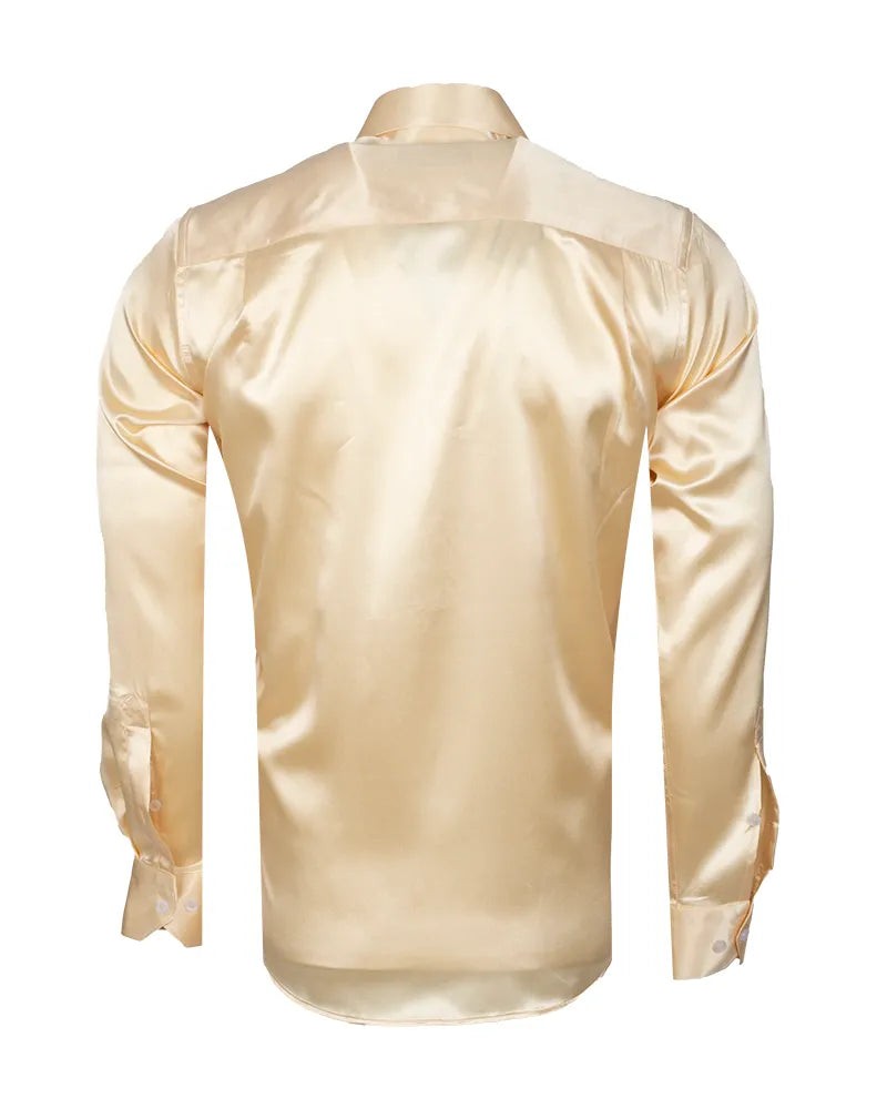 Cream Shiny Plain Satin Classic Men’s Shirt-Makrom