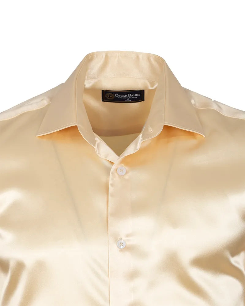 Cream Shiny Plain Satin Classic Men’s Shirt-Makrom