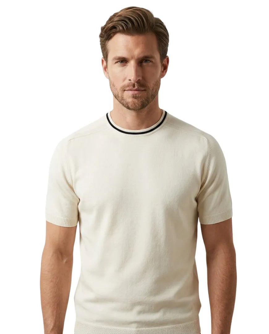 Cream Short-Sleeve Open-Collar Knit Polo-Makrom