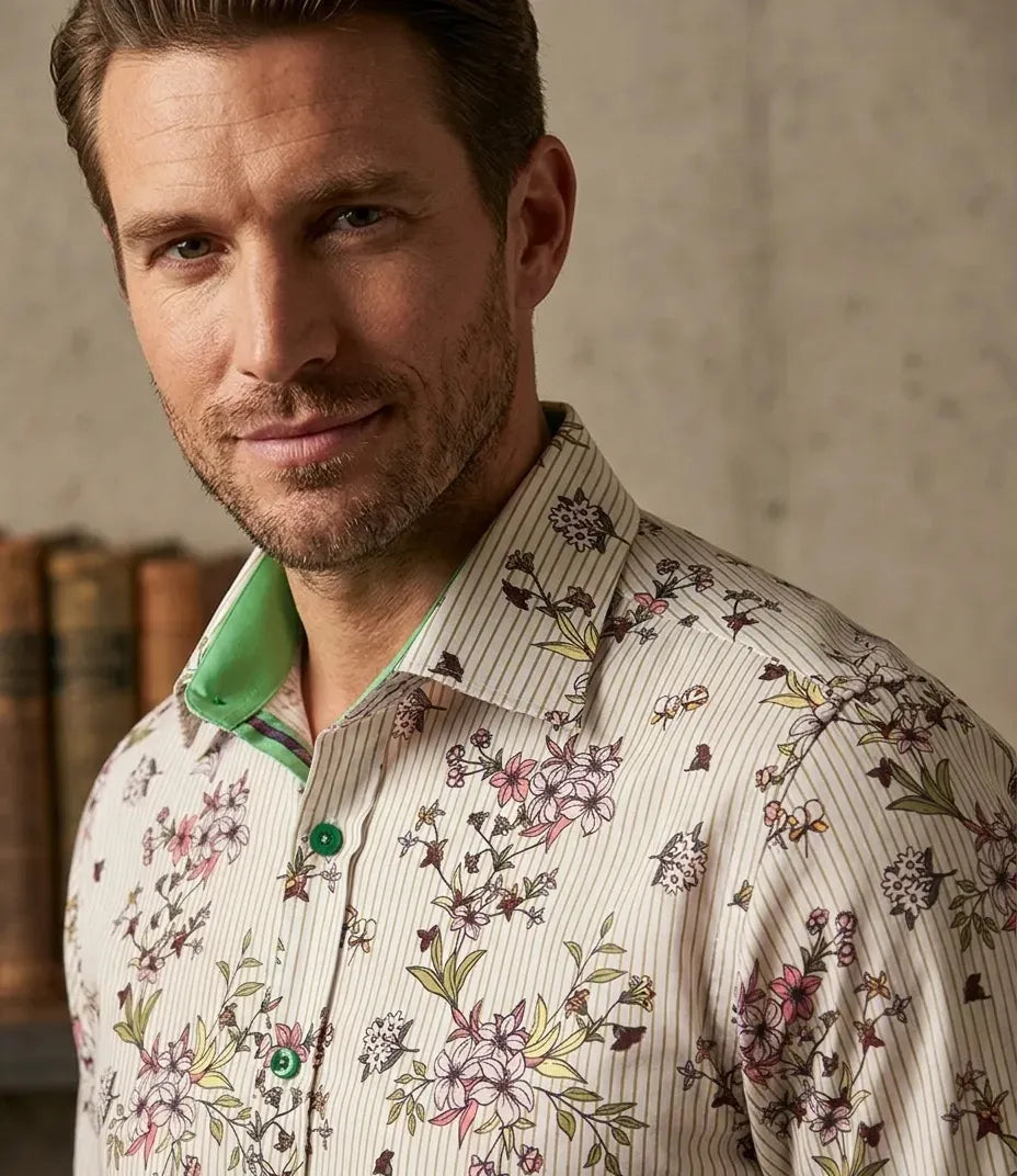 Cream Stripe Floral Print Shirt
