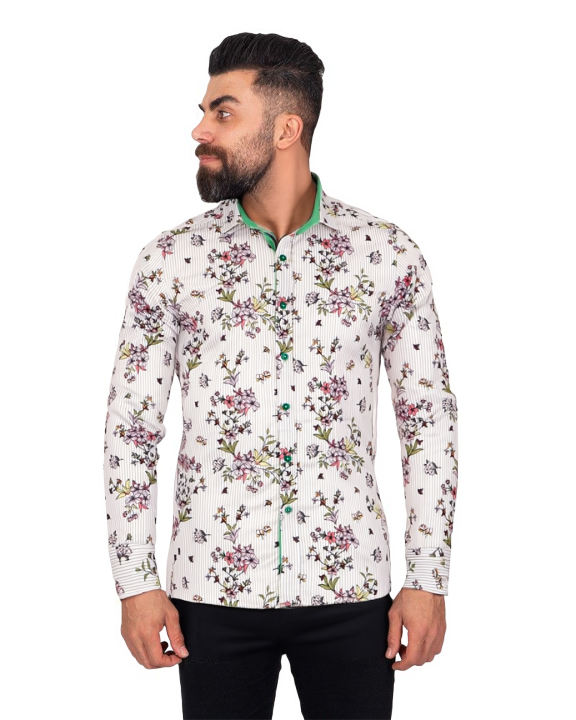 Cream Stripe Floral Print Shirt-Makrom