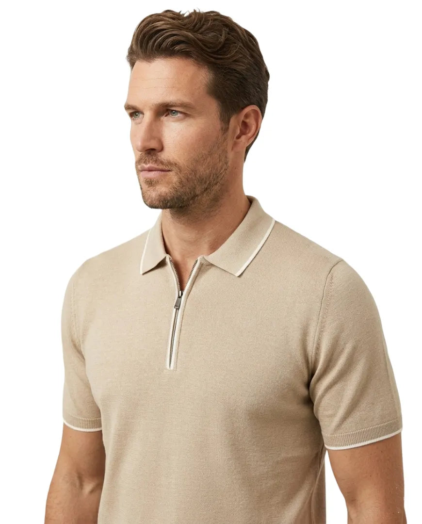 Quarter-Zip Knit Polo Beige Contrasting Collar Tip