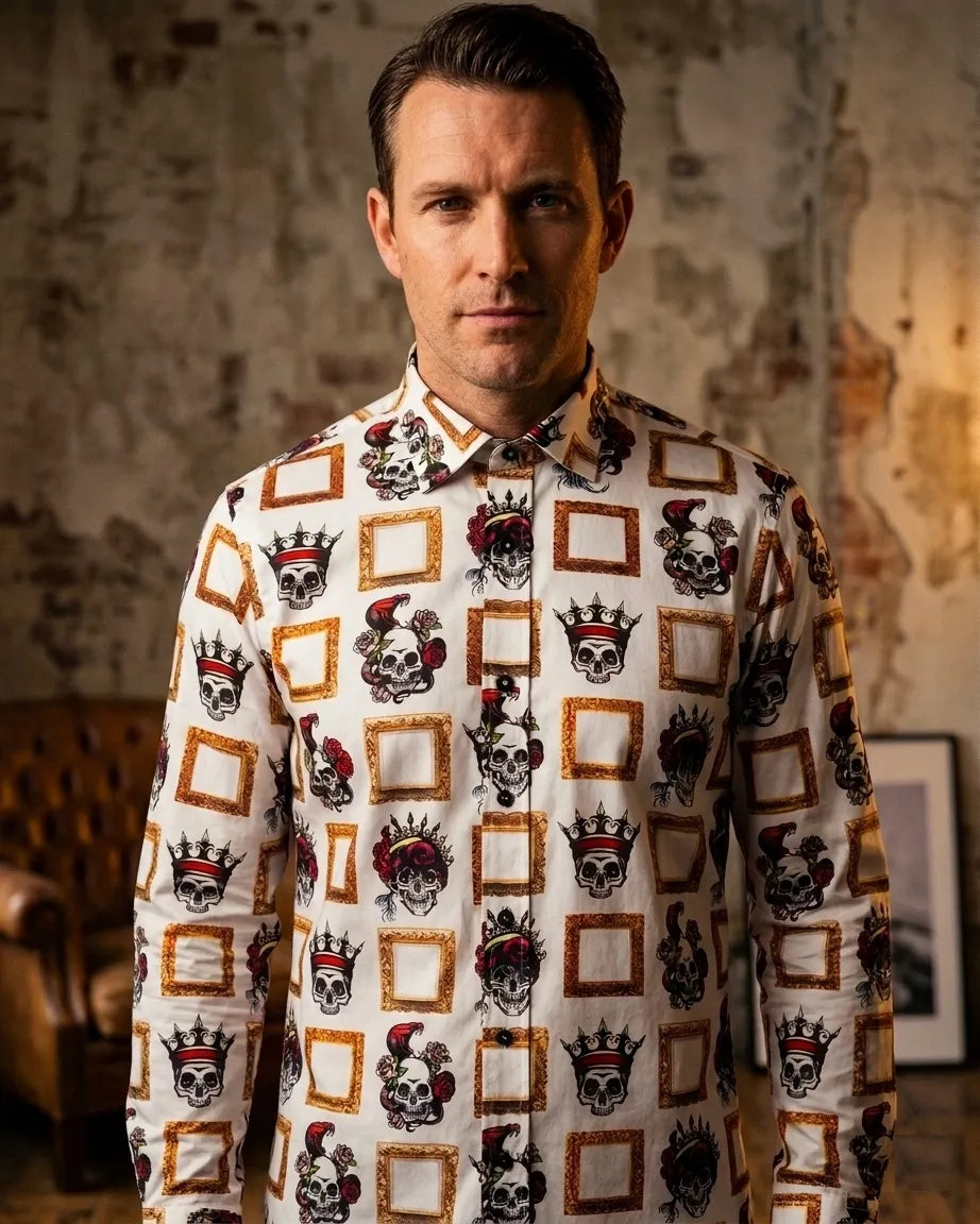 Crowned Skull Print Pure Cotton Shirt-Makrom
