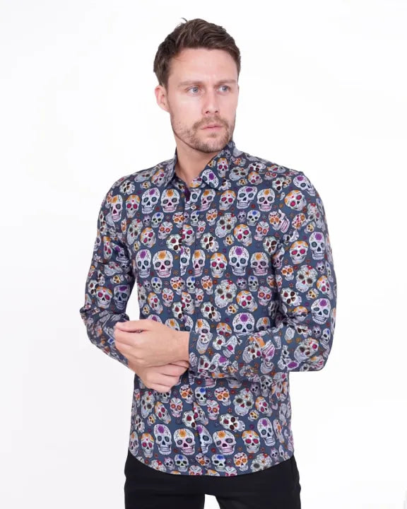Blue Day of The Dead Skull Print Shirt with Matching Handkerchief