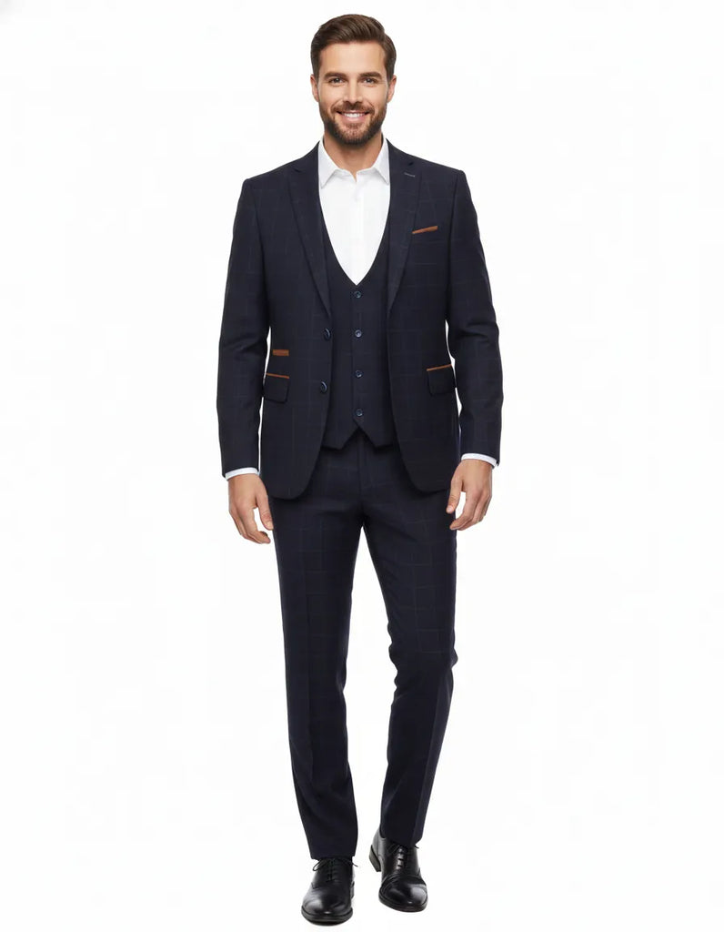 Dark Blue 3 Piece Check Suit-Makrom