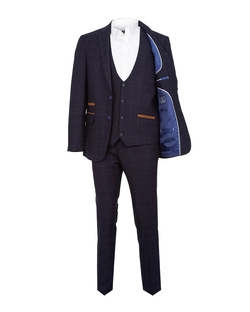 Dark Blue 3 Piece Check Suit-Makrom