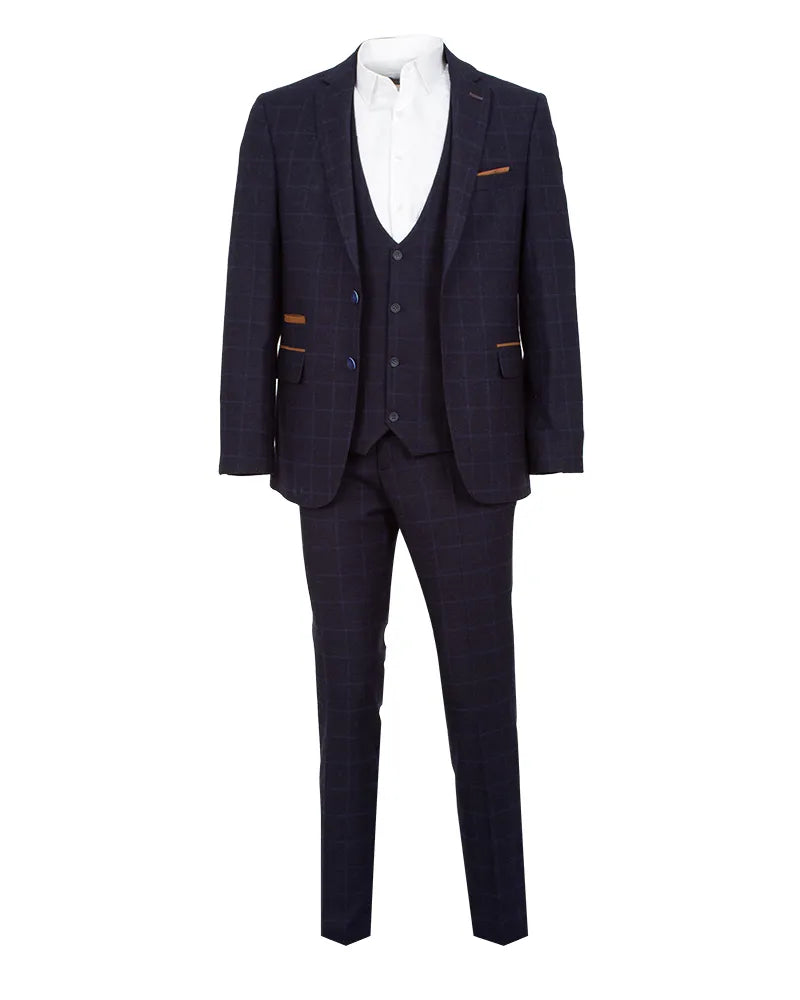 Dark Blue 3 Piece Check Suit-Makrom