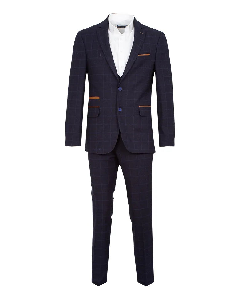 Dark Blue 3 Piece Check Suit-Makrom