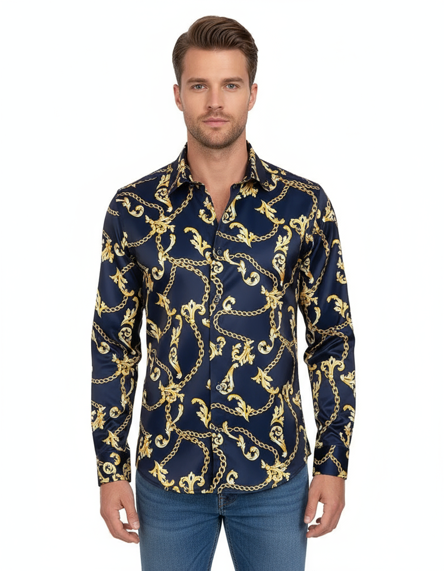 Dark Blue Baroque Chain & Paisley Print Men`s Shirt-Makrom