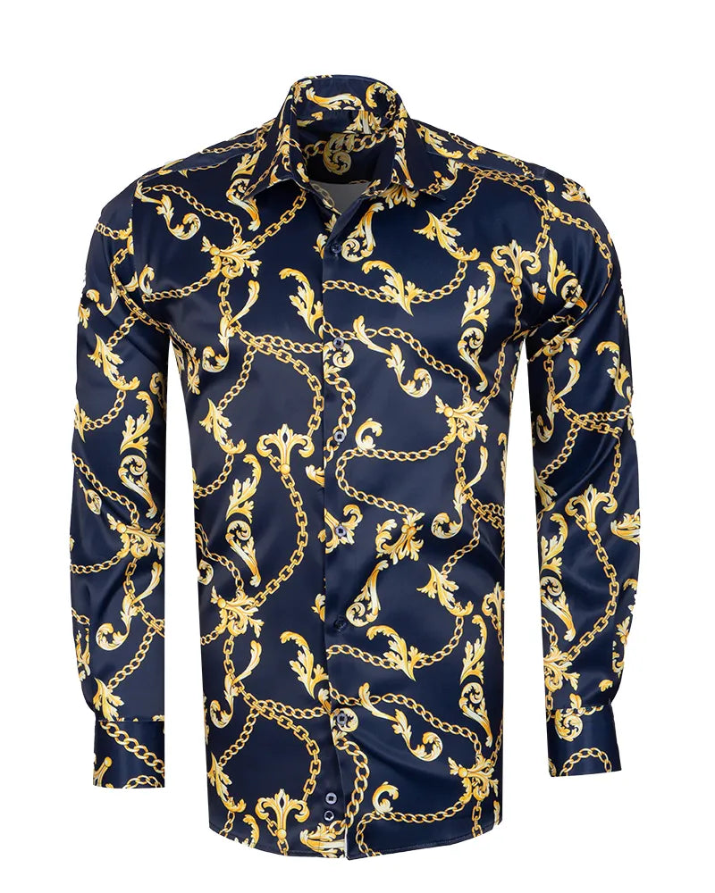 Dark Blue Baroque Chain & Paisley Print Men`s Shirt-Makrom