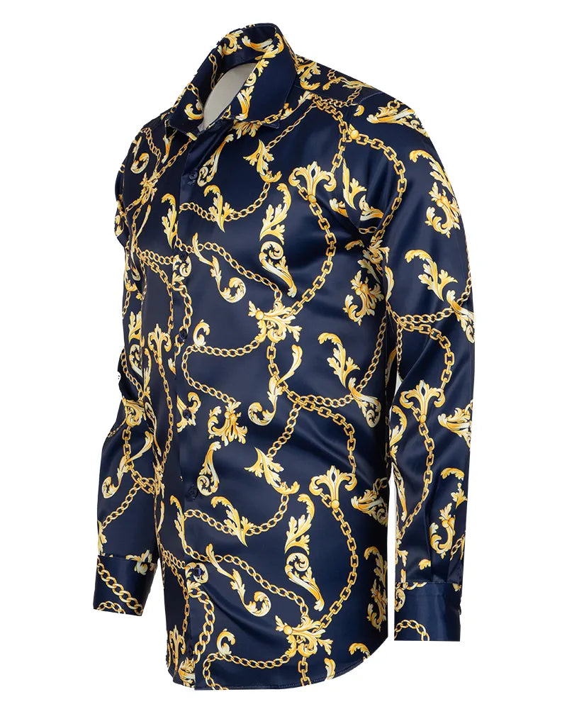 Dark Blue Baroque Chain & Paisley Print Men`s Shirt-Makrom