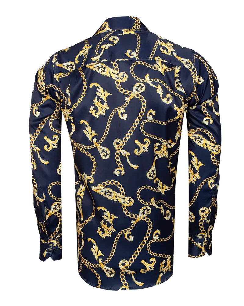 Dark Blue Baroque Chain & Paisley Print Men`s Shirt-Makrom