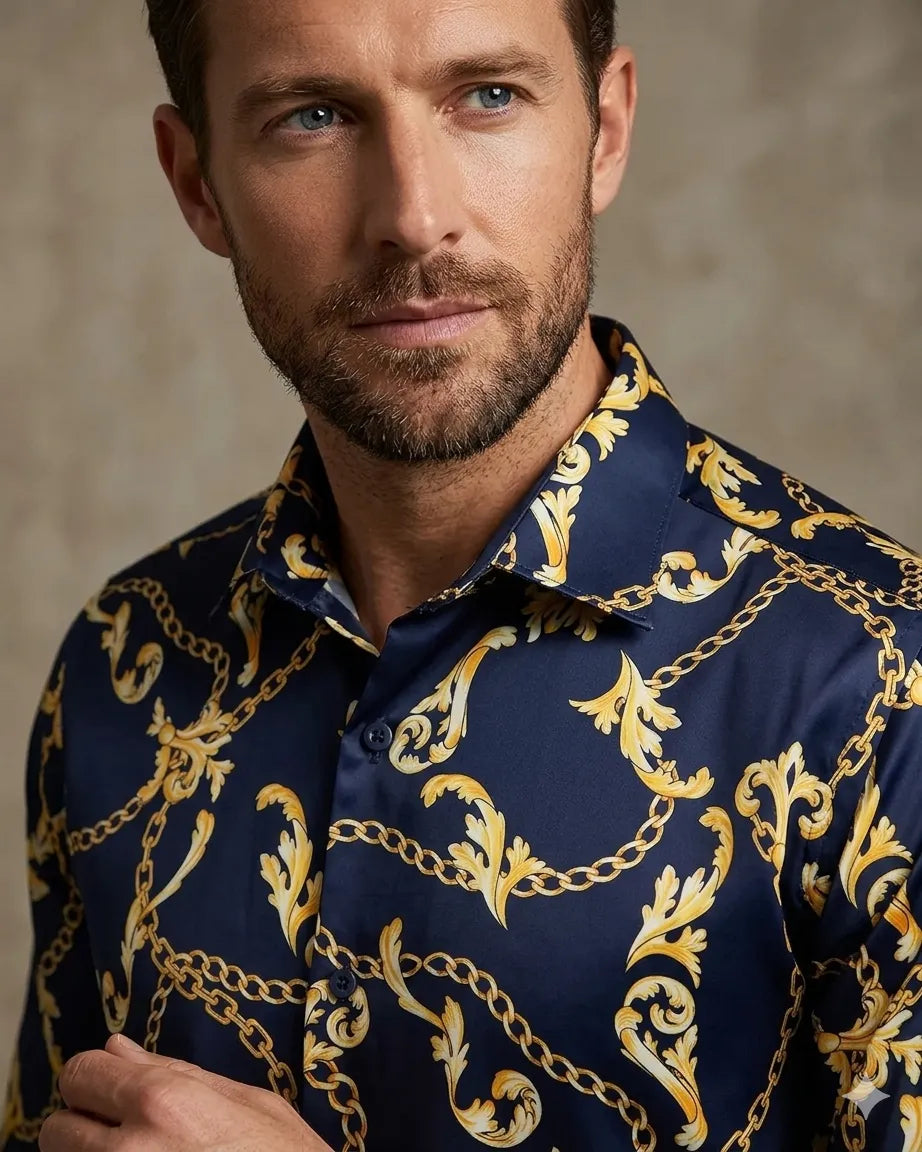 Dark Blue Baroque Chain & Paisley Print Men`s Shirt