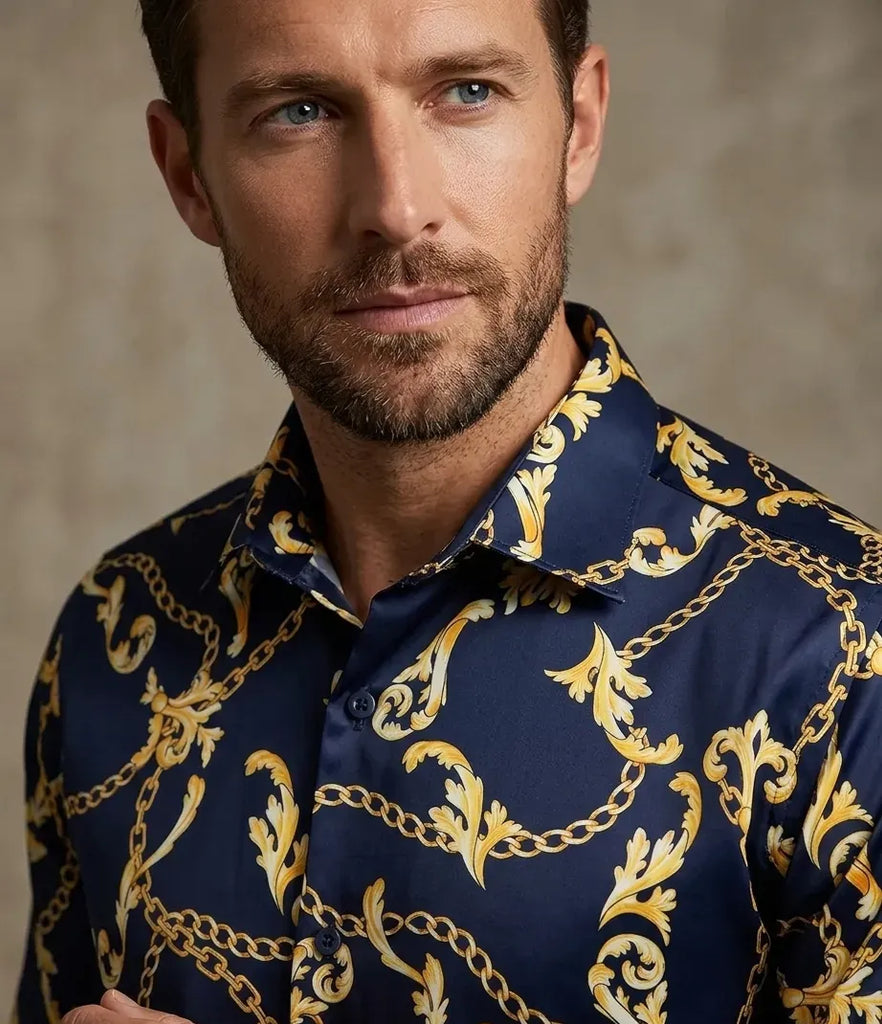 Dark Blue Baroque Chain & Paisley Print Men`s Shirt