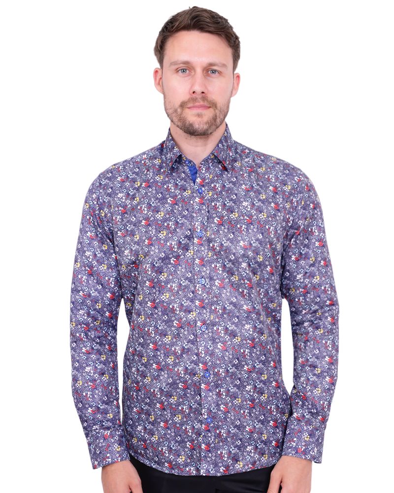 Dark Blue Colourful Floral Print Shirt-Makrom