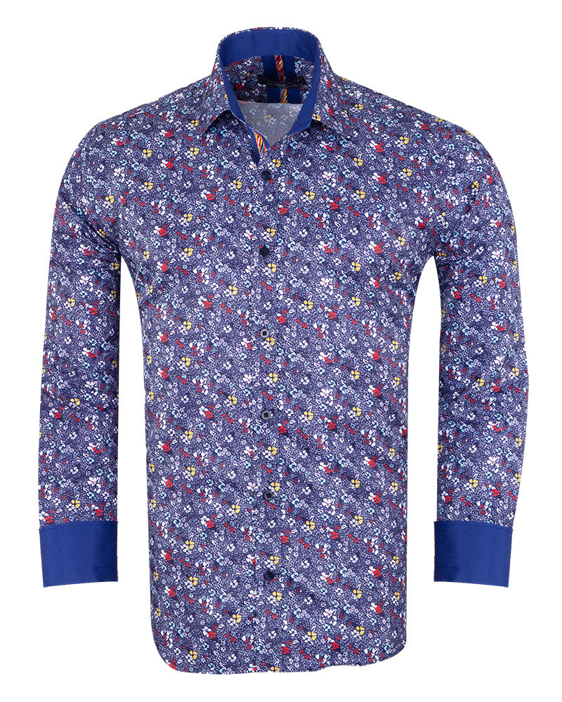 Dark Blue Colourful Floral Print Shirt-Makrom