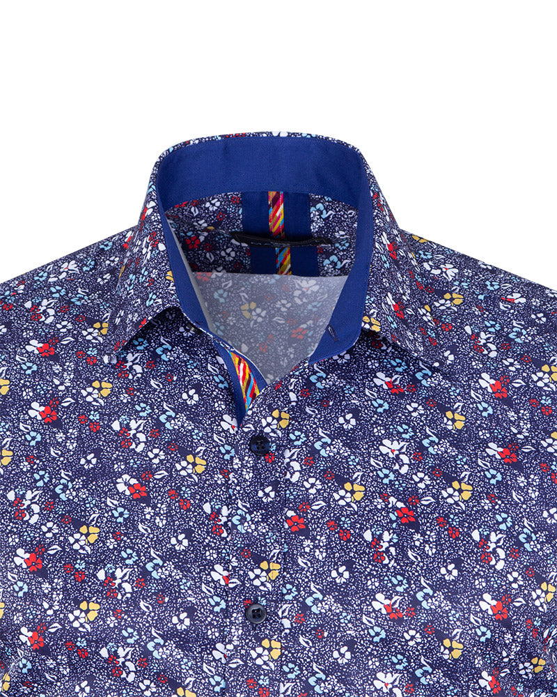 Dark Blue Colourful Floral Print Shirt-Makrom