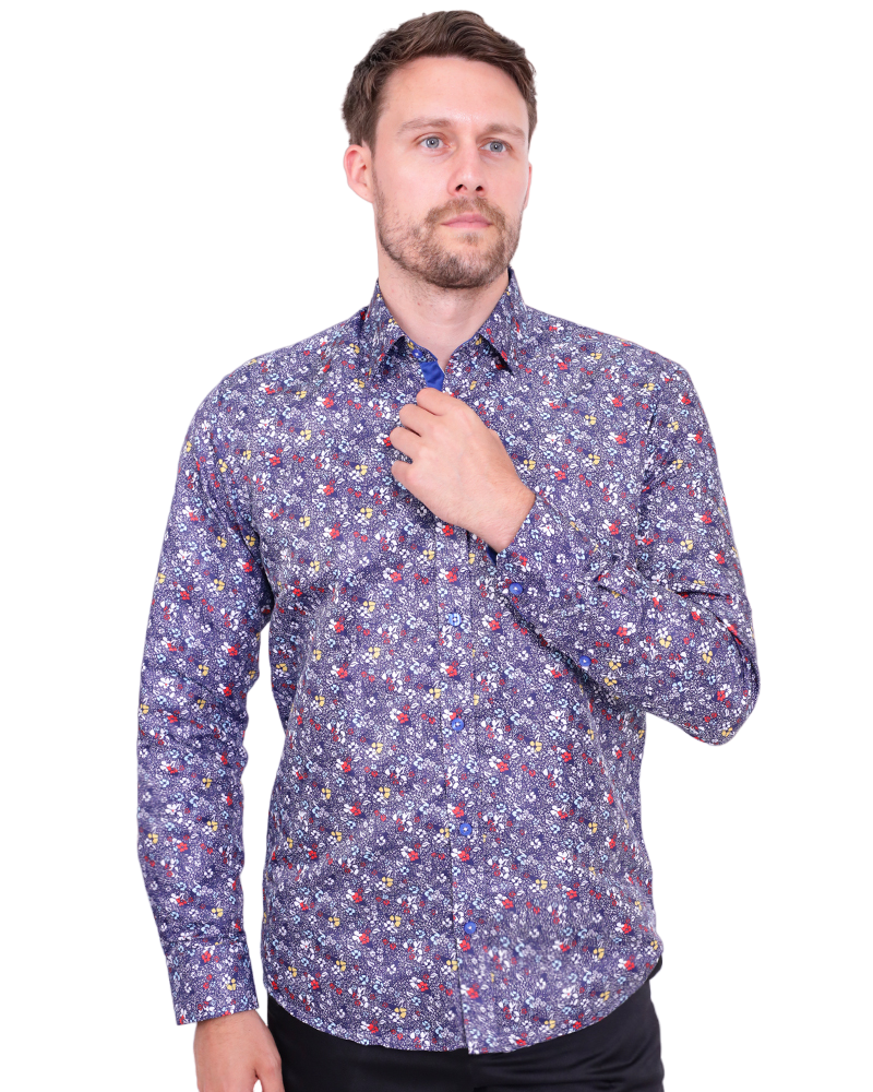 Dark Blue Colourful Floral Print Shirt-Makrom
