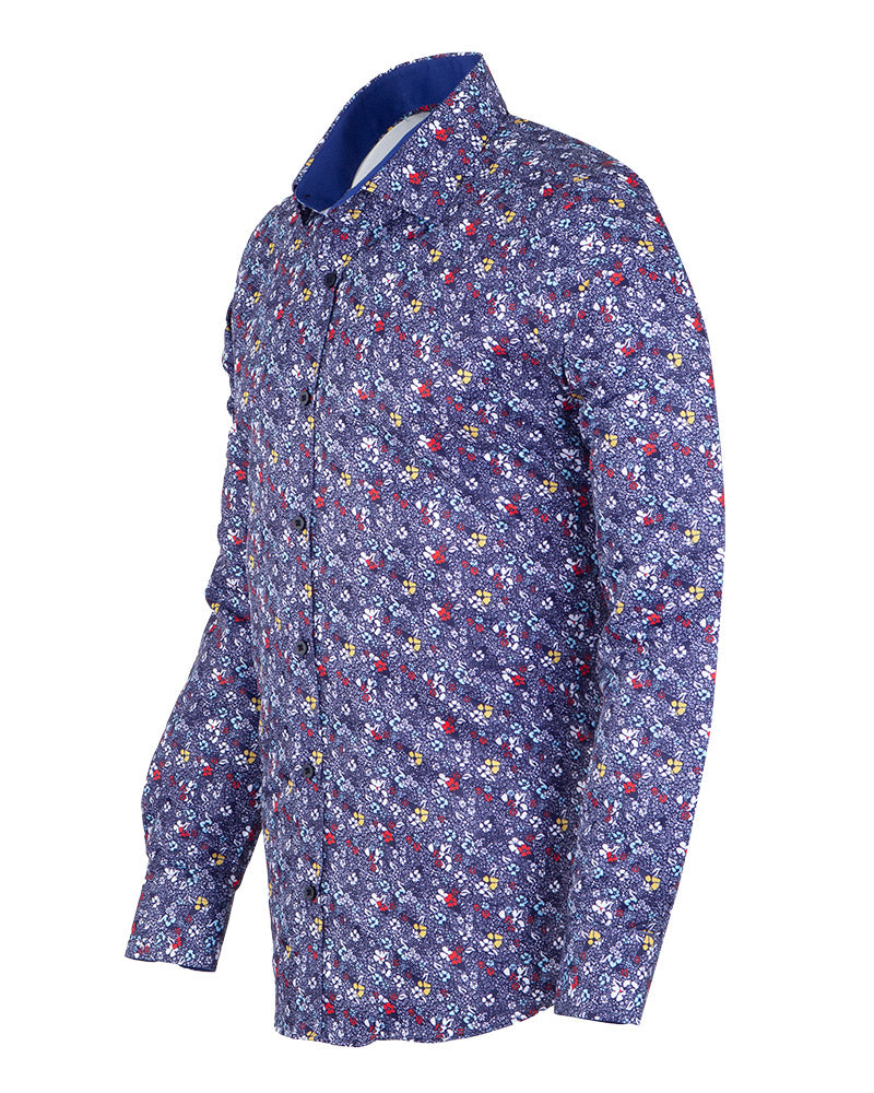Dark Blue Colourful Floral Print Shirt-Makrom