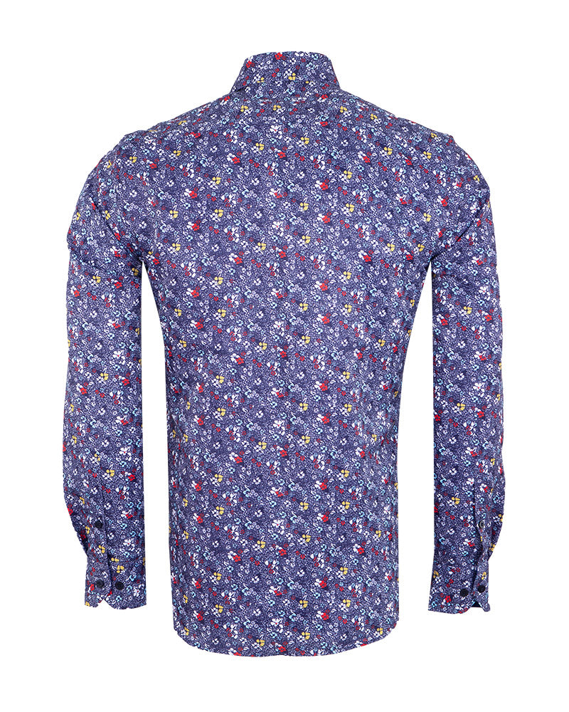 Dark Blue Colourful Floral Print Shirt-Makrom