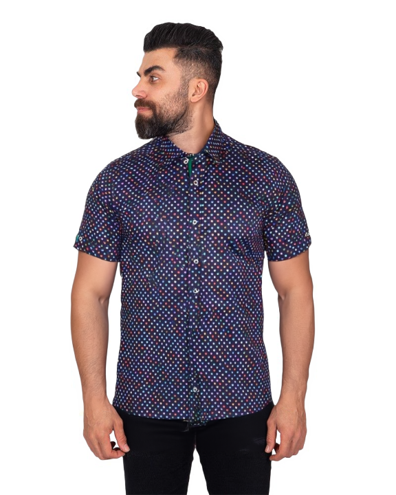 Dark Blue Colourful Polka Print Short Sleeve Shirt-Makrom