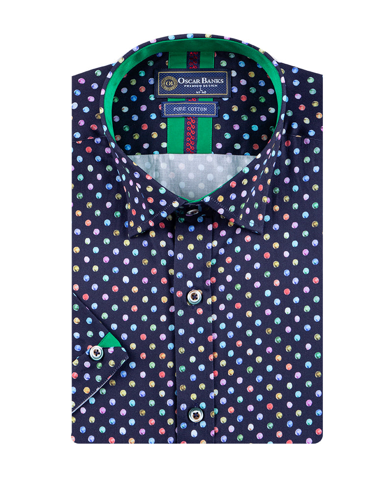 Dark Blue Colourful Polka Print Short Sleeve Shirt-Makrom