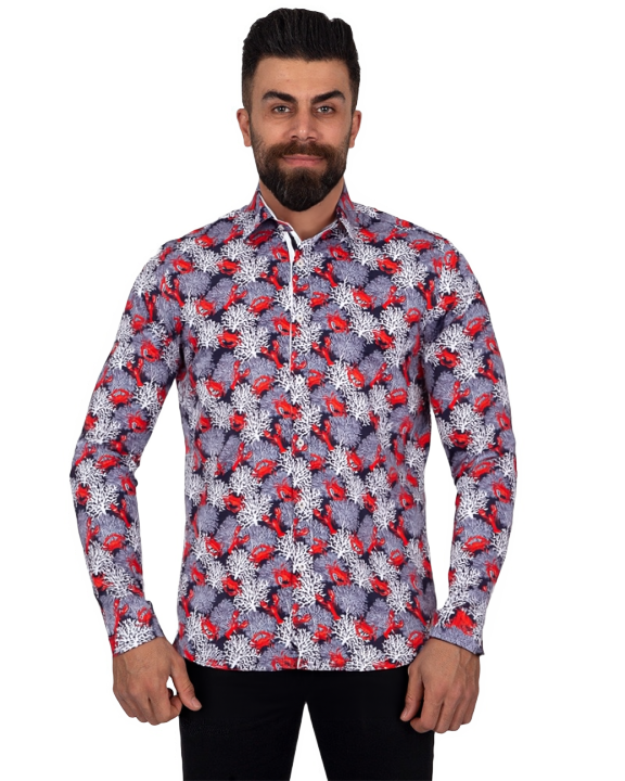 Dark Blue Crab Print Shirt-Makrom
