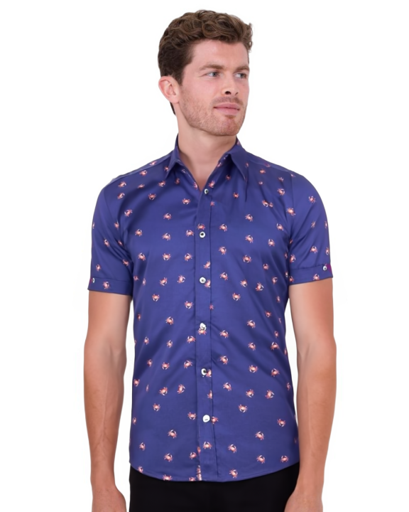 Dark Blue Crab Print Short Sleeve Shirt-Makrom