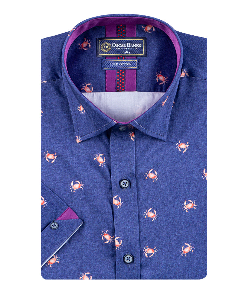 Dark Blue Crab Print Short Sleeve Shirt-Makrom