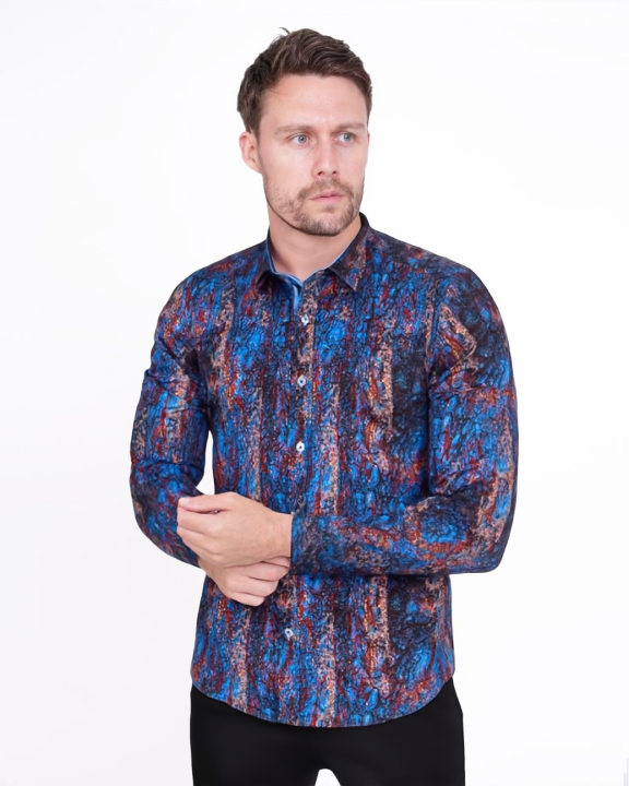 Dark Blue Crust Print Shirt with Matching Handkerchief-Makrom