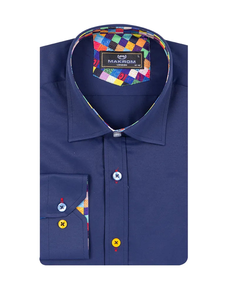 Dark Blue Dress Shirt with Colorful Inner Collar and Cuff Detail-Makrom