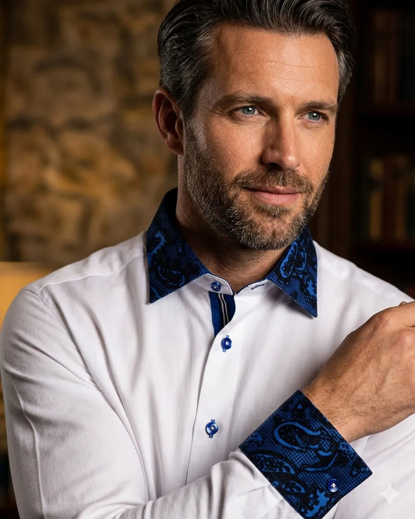 Dark Blue Embroidery Design Collar & Cuff Shirt