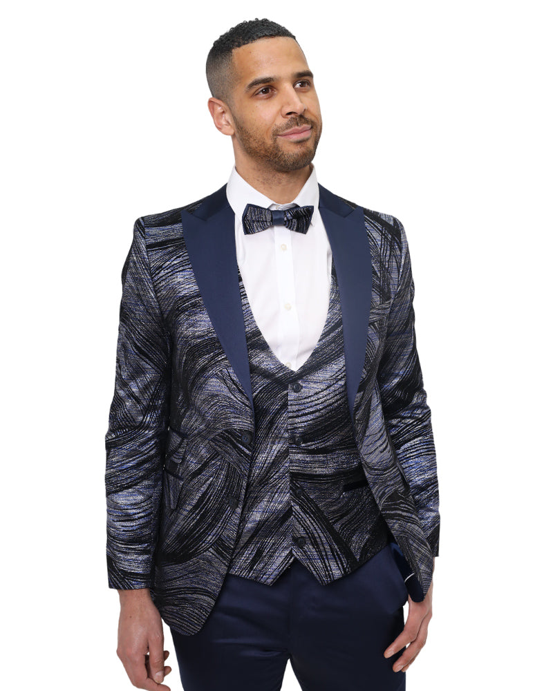 Dark Blue Fashion Men's 4 Piece Textured Suit-Makrom