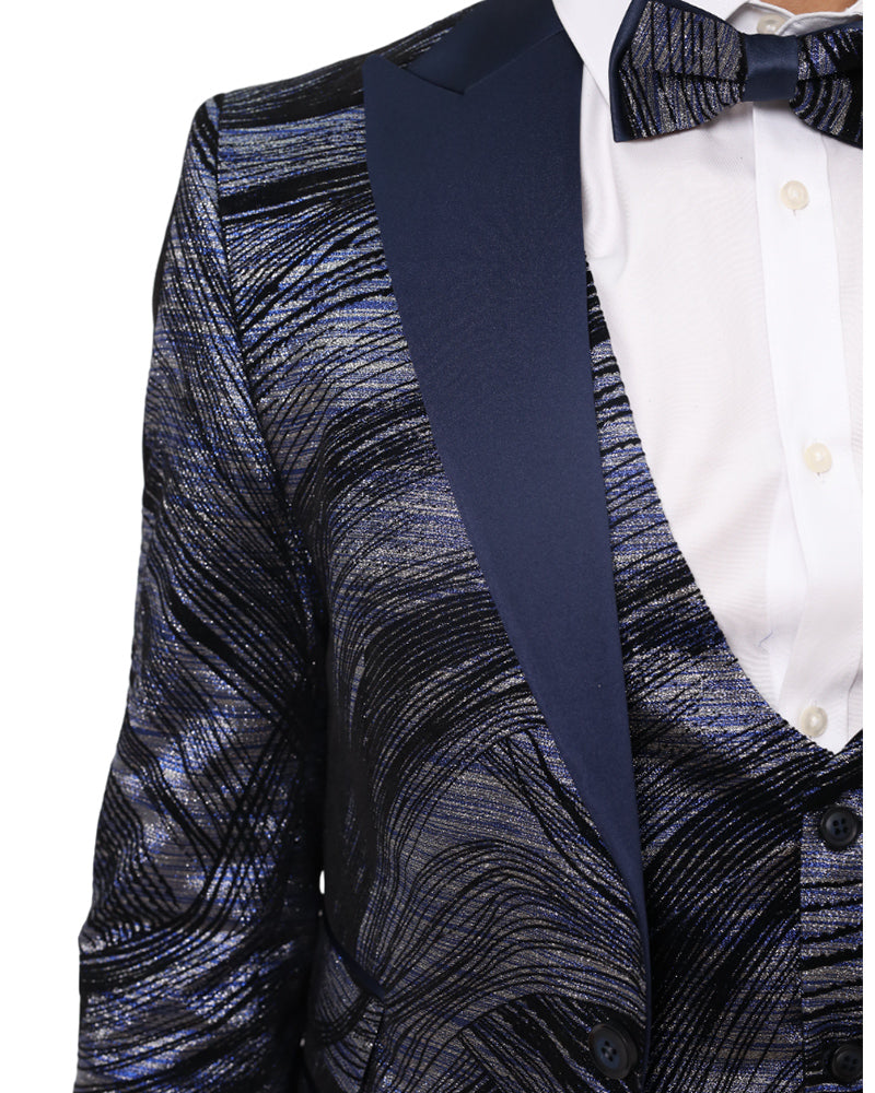 Dark Blue Fashion Men's 4 Piece Textured Suit-Makrom