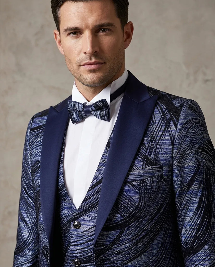 Dark Blue Fashion Men's 4 Piece Textured Suit