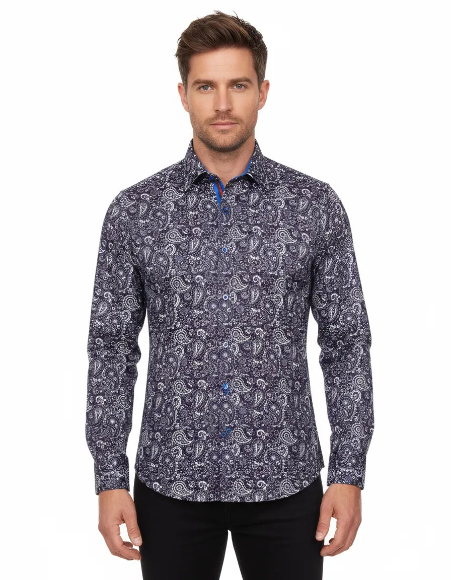 Dark Blue Fashion Paisley Print Long Sleeve Shirt-Makrom